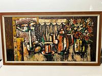 Full front view of framed still life painting showing composition of teapot, cup, fruit and flowers