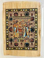 Full view of hand drawn papyrus Egyptian artwork showing traditional figures, florals and geometric borders in vibrant colors