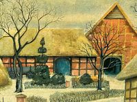 Close-up of the central area showing a building with a thatched roof, framed artwork depicting a rural scene with detailed brush strokes.