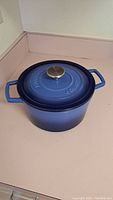 Blue Martha Stewart Dutch oven with lid on counter, showing exterior and lid knob.