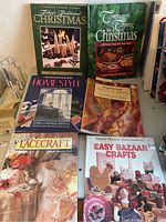 Collection of six craft and home decor books featuring Christmas and textile arts themes in the first photo.