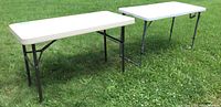 Two rectangular folding tables on grass, showing overall size and condition