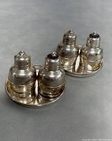 Front angled view showing two pairs of silver salt and pepper shakers mounted on a divided tray, placed on a gray surface