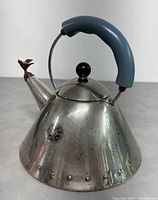 Front angled view of the stainless steel kettle showing the blue handle, black lid knob, and bird-shaped spout whistle.
