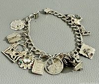 Full view of the 8-inch sterling silver charm bracelet showing multiple charms linked across the chain.