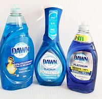 Front view of the three Dawn dishwashing liquid products showing bottles and labels