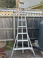 Tripod-style aluminum folding fruit ladder with flat steps and top platform