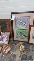Display of multiple framed art pieces on the floor, showing a variety of subjects including birds and florals, with frames ranging in style and condition