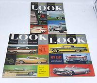 Three vintage LOOK magazines on white background showing front covers featuring classic cars from 1956 to 1958.