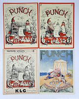 Top view of four PUNCH magazines showing front covers with vintage illustrations and dated text