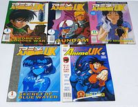 Front covers of five Anime UK magazines laid out showing titles and anime artwork