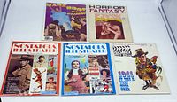 Photo showing all 5 vintage magazines arranged flat on white surface, featuring covers of Nostalgia Illustrated, Horror Fantasy, Flashback 1934, and Marx Brothers.