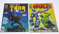 Two vintage Marvel comics, Thor and The Rampaging Hulk, shown bagged and boarded with clear cover art depicting characters and issue titles.