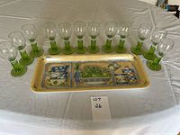 Full set of 12 shot glasses aligned behind a decorative rectangular tray with colorful motifs