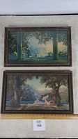 Two wood framed Maxfield Parrish art prints, one titled "Day Break" and the other "Love's Paradise." Includes visible size reference ruler.