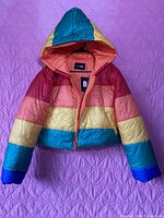 Front view of multicolor striped puffy jacket with hood on purple quilted surface.