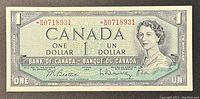 Front side of 1954 Canadian one dollar banknote showing portrait of Queen Elizabeth II, serial number B/M*0718931 with asterisk indicating replacement note.