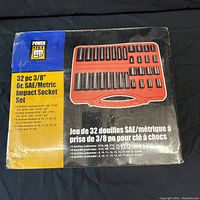 Image of the product box with brand Power Fist and description of the 32 piece 3/8" drive SAE/metric impact socket set.