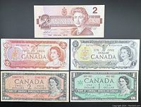 Five vintage Canadian banknotes arranged showing both one and two dollar denominations. Portraits of Queen Elizabeth II are visible on all notes.