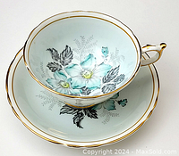 Side view of the Paragon cup and saucer showing floral inside design, gold trim, and overall condition.