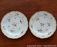 Two Meissen porcelain plates with floral designs and gilded scalloped edges on a wooden surface.