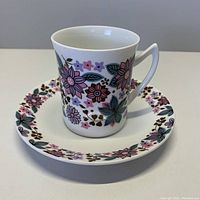 Photo of fine china teacup and saucer showing pink and purple floral pattern on white background