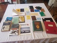 A wide view of all railway books and manuals laid out on a white cloth, including The Banner, Toronto Lines, Canadian Railway Guide, and others.