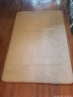 Photo of rectangular beige area rug showing geometric pattern on wooden floor