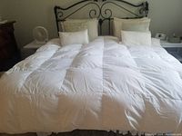 Photo showing full queen size white duvet and 6 white queen pillows with 4 accent pillows on a bed with wrought iron headboard.