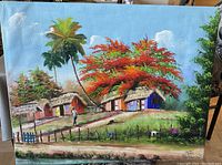 Full view of the colorful rural landscape painting with huts, trees, and figure.