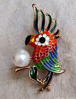 Front view of parrot brooch showing detailed colorful enamel and large faux pearl
