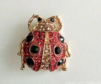 Front view of lady-bug brooch showing clear, red, and black rhinestones set on gold-tone metal