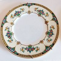 Single Limoges plate with floral pattern and heavy gilded rim, white base, hanging clips attached at bottom.