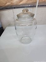 Clear large glass jar with a rounded body and matching glass lid with knob handle, placed on a white surface.