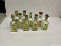 All nine vintage glass spice jars arranged in a row on a white surface showing labels and lid ornaments.