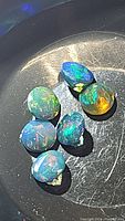 Six loose 4mm Ethiopian black opal gemstones shown together on a dark background with visible rainbow colour flashes, demonstrating quality and cut.