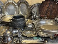 Full lot of Victorian antique serving pieces showing variety of trays, bowls, pitchers and condiment holders