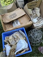 Multiple cardboard boxes with assorted Wedgwood dinnerware pieces wrapped in newspaper and wire cupcake holders placed nearby.