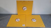 Three 16-inch shellac records in yellow paper sleeves with handwritten notes, arranged standing and flat.