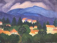 Close-up of painted canvas showing houses, trees, and mountains