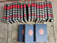Overhead photo of 20 hardcover books in a row, with blue textured covers and red and gold labels on spine indicating Nobel Prize laureates' names and fields.