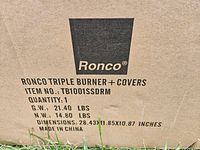 Close-up photo of the box showing Ronco brand and product details including item number, weights, dimensions, and origin.