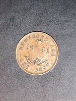 Front side of 1941 Newfoundland one cent coin showing plant motif and date.