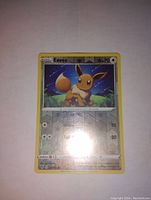 Eevee Holo Foil Pokémon card with holographic background, yellow border, standing Eevee illustration and text detailing attacks and HP visible.