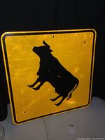 Front view of square bull crossing sign showing yellow reflective background with jumping bull silhouette