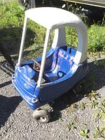 Blue resin Little Tikes kids push car with white roof and openable door visible from front left corner. Shows extensive painted outdoor wear and dirt on wheels.