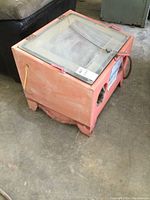 Orange King Canada sand blast cabinet from top angle showing cracked plexiglass viewing window and overall size.