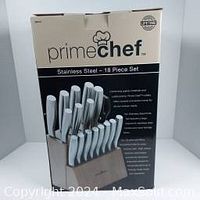 Prime Chef 18-piece stainless steel cutting tool set box showing brand and item details.