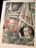 Lithograph depicting three portraits over abstract architectural and planetary background