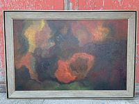 Full front view of the framed abstract oil painting showing warm colors, organic shapes, and a textured surface inside a wood frame.